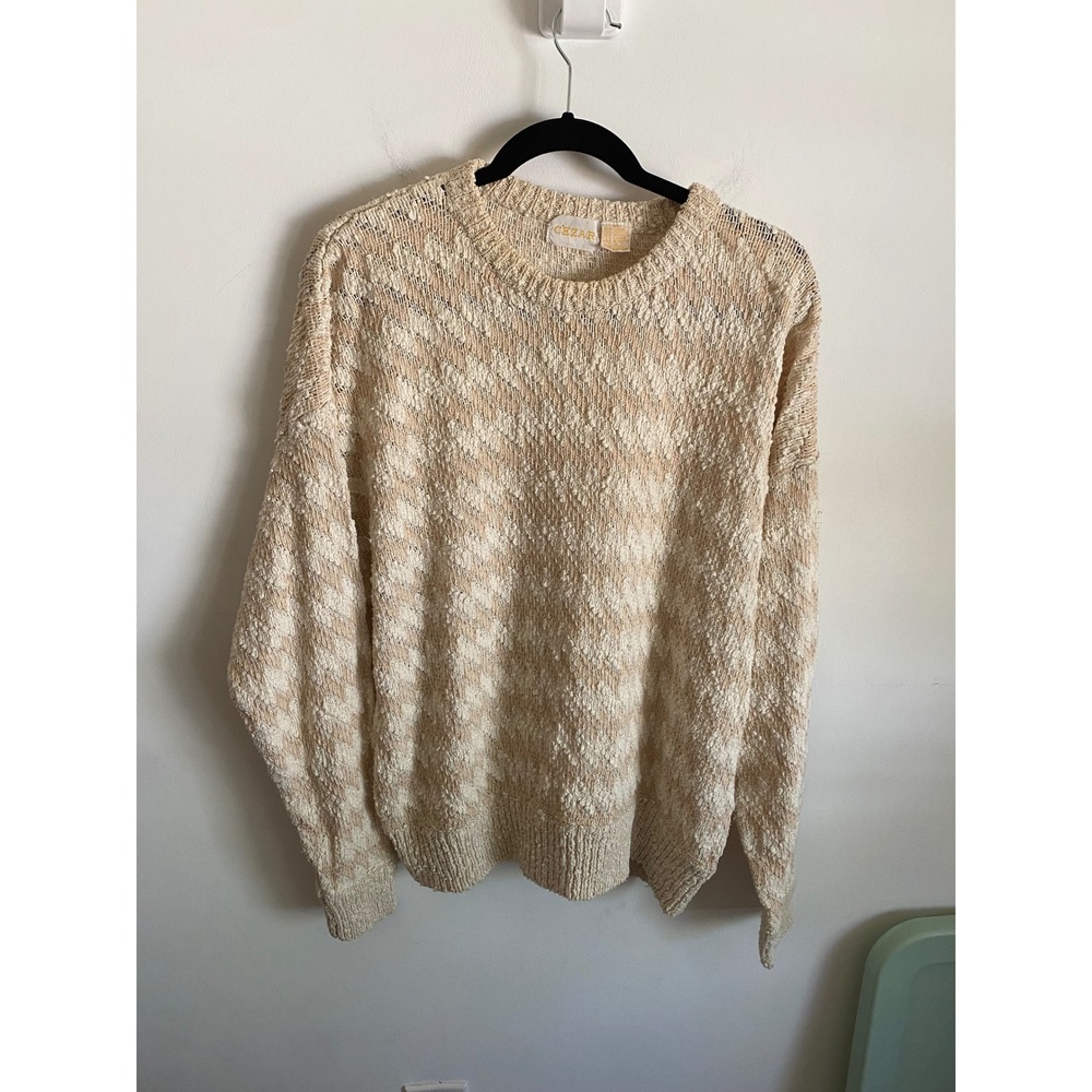Cezar Vintage‎ Linen Cotton Knit Sweater Womens XL Cream Beige Diamond Textured